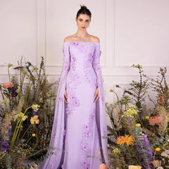 Luxury Lilac Off-Shoulder 3D Flowers Evening Dress with Cape Sleeves