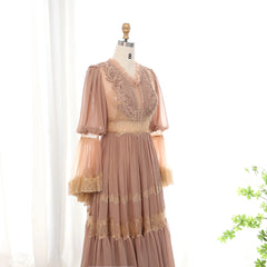 HELEN Luxury Peach Lace Beaded Evening Dress