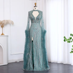 Luxury Beaded Sequined Mermaid Evening Dress with Cape Sleeves