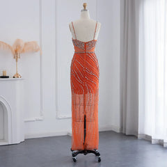 Luxury Crystal Orange Spaghetti Straps Mermaid Evening Dress