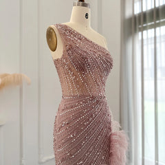 Luxury Pink One Shoulder High Slit Feathers Evening Dress