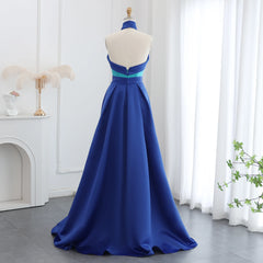 Luxury Royal Blue Criss Cross Halter Evening Dress with Overskirt