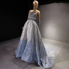 Luxury Glitter Strapless Blue Beaded Evening Dress