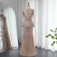 Luxury Beaded Feathers Long Sleeves Evening Dress