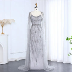 Luxury Exquisite Champagne Tulle Mermaid Evening Dress with Cape