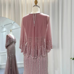 Luxury V-Neck Pink Evening Dress with Cape