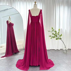 Luxury Fuchsia Chiffon Evening Dress with Cape Sleeves