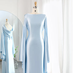 Light Blue Long Sleeves Satin Evening Dress with Flare