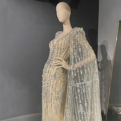 Luxurious Crystal Pearls Evening Dress with Cape Sleeves