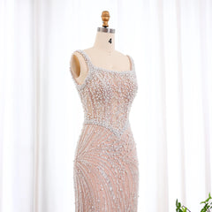 HELEN Mermaid White Nude Pearls Evening Dress