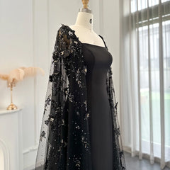 Luxury 3D Flowers Black Satin Evening Dress with Cape