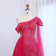 Luxury Elegant One-Shoulder Fuchsia Evening Dress with Cape Sleeve