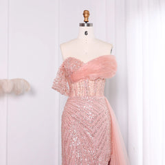 Luxury Blush Pink Off Shoulder Elegant Evening Dress