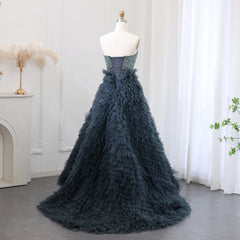 Luxury Beaded Strapless Ruffles Blue Ball Gown Evening Dress