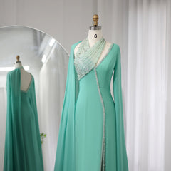 Luxury Turquoise Green Chiffon Evening Dress with Cape Sleeves