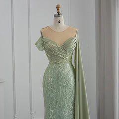 Luxury Sage Green Mermaid Evening Dress with Cape Sleeve