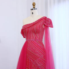 Luxury Elegant One-Shoulder Fuchsia Evening Dress with Cape Sleeve