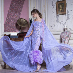 Luxury Feathers Lilac Evening Dress with Cape Sleeves