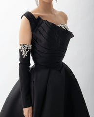 HELEN Luxury Black Satin Crystal One Shoulder Evening Dress