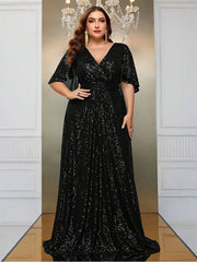 Plus Size Sequined Short-Sleeved Loose Evening Dress