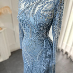 Luxury Long Sleeve Blue Mermaid Evening Dress Overskirt