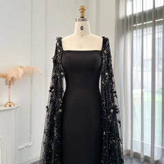 Luxury 3D Flowers Black Satin Evening Dress with Cape