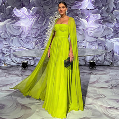 Elegant Lemon Yellow Evening Dress with Cape Sleeves