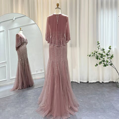 Luxury V-Neck Pink Evening Dress with Cape