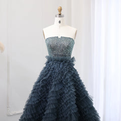 Luxury Beaded Strapless Ruffles Blue Ball Gown Evening Dress