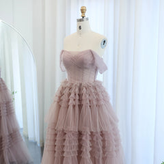 Off Shoulder Tulle Ruffles Blush Pink Evening Dress