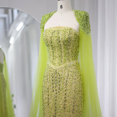 Luxury Beaded Mermaid Lime Green Evening Dress with Cape Sleeves