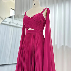 Luxury Fuchsia Chiffon Evening Dress with Cape Sleeves