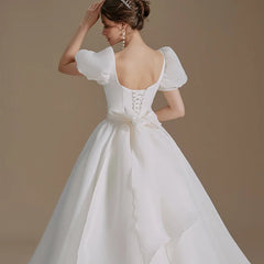 Elegant Short Sleeve Puff Sleeve Wedding Dress with Sashes