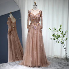 Elegant Long Sleeve Rose Gold Luxury Evening Dress