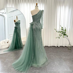 Luxury One Shoulder Sage Green Evening Dress with Overskirt