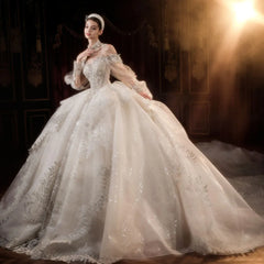 Luxury Long Sleeves Beaded Wedding Ball Gown