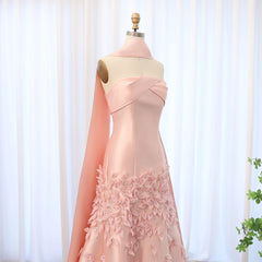 Luxury Satin 3D Leaves Blush Pink Evening Dress with Cape