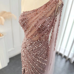 Luxury Pink One Shoulder Mermaid Evening Dress with Cape Sleeves