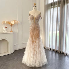 Luxury Feathers White Nude Prom Evening Dress