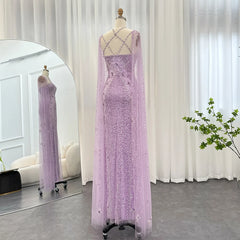 Luxury Aqua Lilac Mermaid Evening Dress with Cape Sleeves