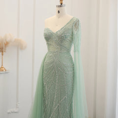 Luxury One Shoulder Sage Green Evening Dress with Cape Sleeves