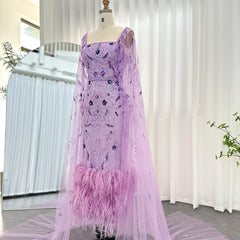 Luxury Feathers Lilac Evening Dress with Cape Sleeves