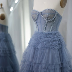Luxury Elegant Sweetheart Ball Gown Blue Tulle Evening Dress