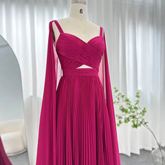 Luxury Fuchsia Chiffon Evening Dress with Cape Sleeves