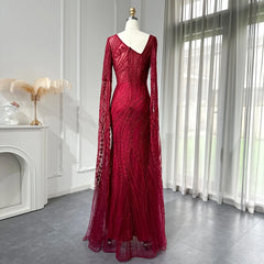 Luxury Long Sleeve Burgundy Mermaid Evening Dress