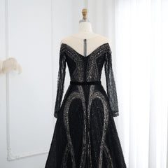 HELEN Elegant Long Sleeves Black Luxury Evening Dress