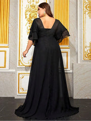 Plus Size V-Neck Short-Sleeved Chiffon Sequin Evening Dress