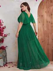Plus Size Bat Sleeves Small V-neck Green Elegant Long Slit Dress