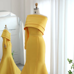 Luxury Yellow One Shoulder Evening Dress with Cape