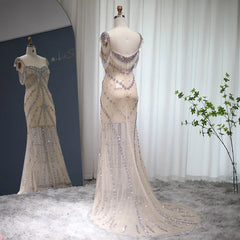 Nude Luxury Crystal Tassel Long Prom Evening Dress